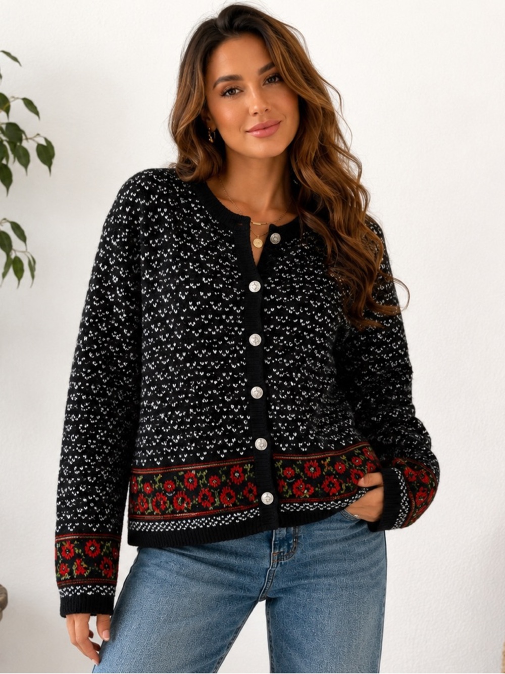 Vintage Tally-Ho Nordic Floral Knit Cardigan Sweater Black White L